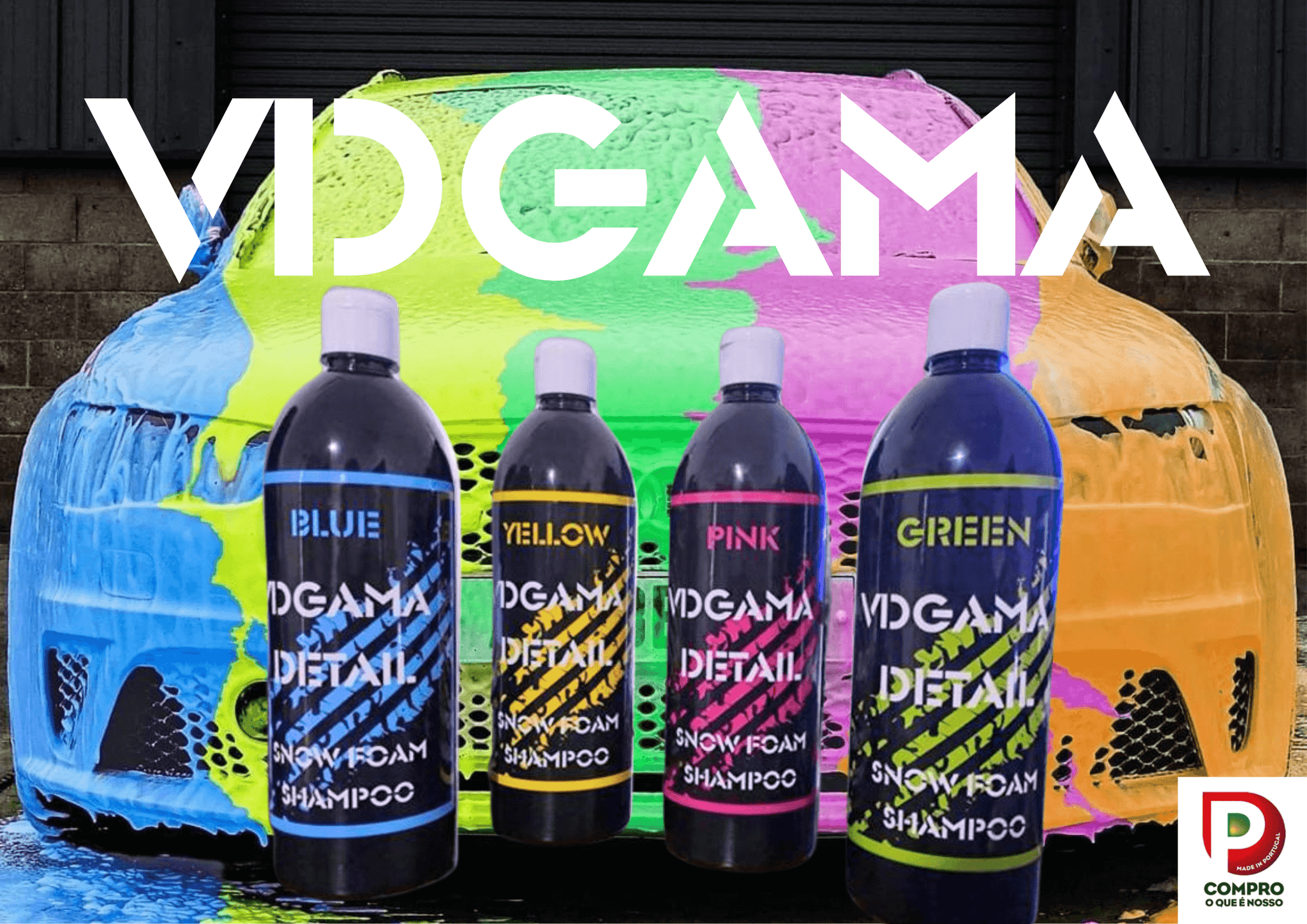 VDGAMA colorful snow foam shampoo bottles in Blue, Yellow, Pink, and Green in front of a car covered in foam. Car Detailing Product.